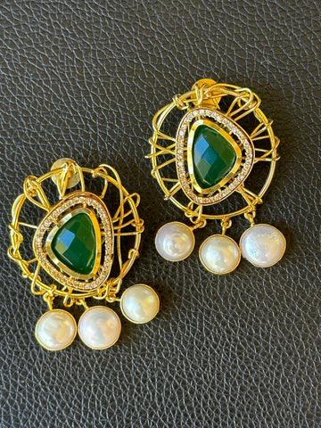 Emerald & pearls gold cage earrings