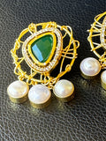 Emerald & pearls gold cage earrings