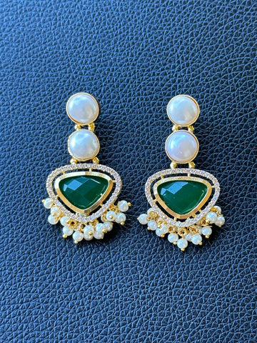 Triangular Emerald earrings with Pearls & American Diamonds