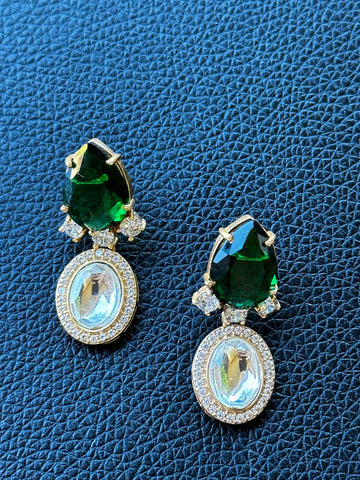Drop shape green stone with American diamonds and kundan earrings