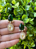 Drop shape green stone with American diamonds and kundan earrings