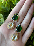 Drop shape green stone with American diamonds and kundan earrings