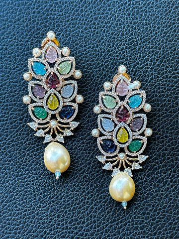 Multicolour gemstone earring with pearl drop