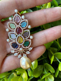 Multicolour gemstone earring with pearl drop