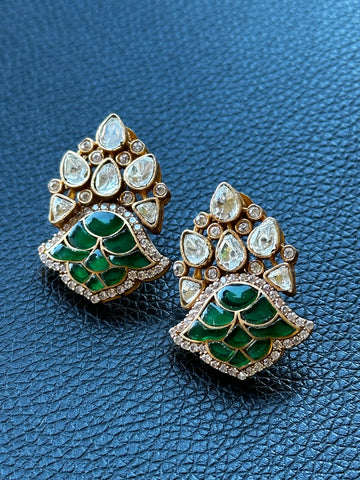 Floral emerald earrrings with kundan and American diamonds