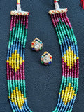 Onyx beads multi colour patterned long necklace with earrings