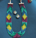 Onyx beads multi colour patterned long necklace with earrings