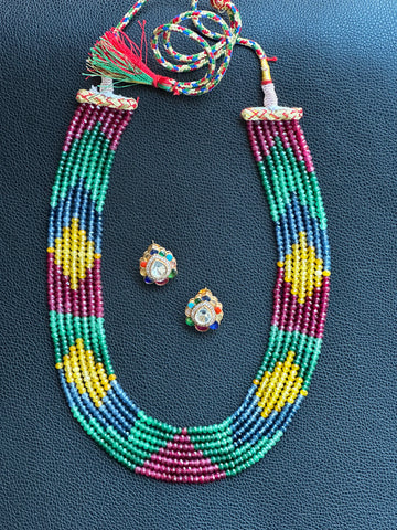 Onyx beads multi colour patterned long necklace with earrings