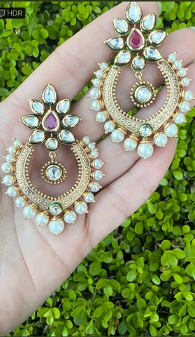 Gold carving Kundan stone studded Long Earrings with Pearls