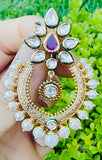 Gold carving Kundan stone studded Long Earrings with Pearls