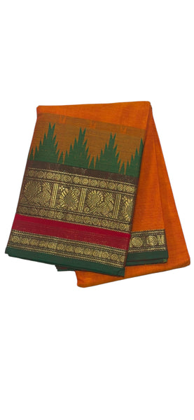 DEEP ORANGE WITH GREEN TEMPLE BORDER Silk Cotton Saree