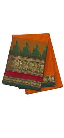 DEEP ORANGE WITH GREEN TEMPLE BORDER Silk Cotton Saree