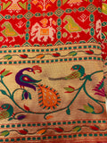 Red Paithani Saree with peacock motifs on gold zari borders