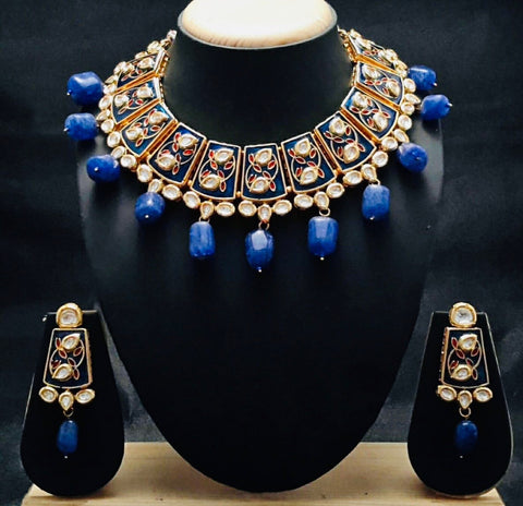 Blue Stone Meenakari in Red & Gold SET