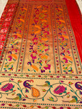 Red Paithani Saree with peacock motifs on gold zari borders