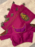 Wine colour LINEN Saree with KALAMKARI patchwork