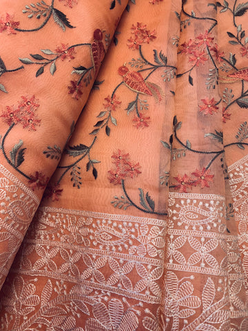 Peach bird thread embroidered Saree