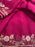 Wine coloured Chiffon Saree with embroidery & stitched blouse