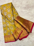 Mustard & wine SILK SAREE with gold zari border