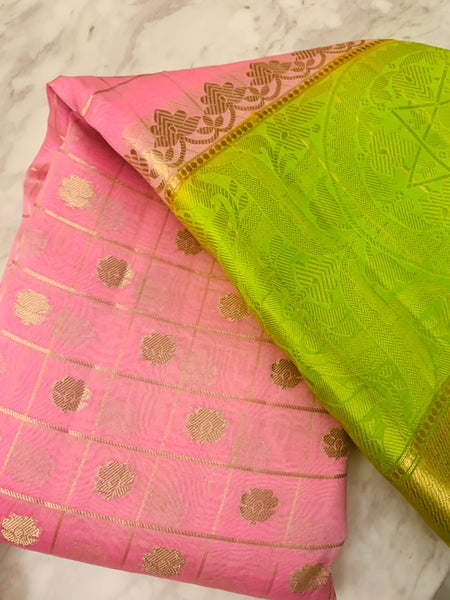Candy pink, lemon, parrot green KORA Saree