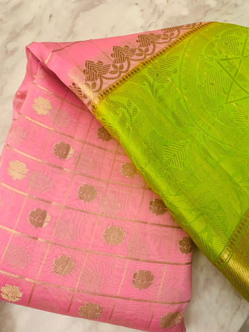 Candy pink, lemon, parrot green KORA Saree