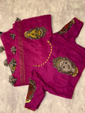 Wine colour LINEN Saree with KALAMKARI patchwork