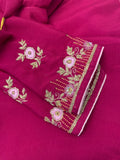 Wine coloured Chiffon Saree with embroidery & stitched blouse