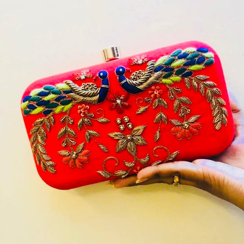 RED clutch with embroidered peacocks