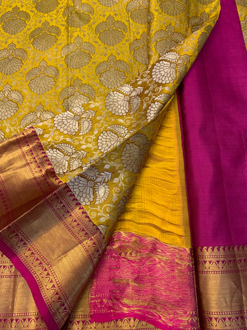 Mustard & wine SILK SAREE with gold zari border