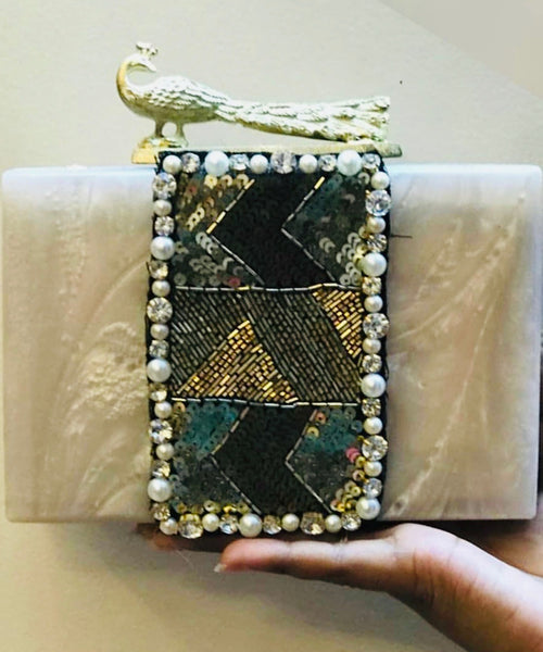PEACOCK clutch with pearls, crystals & sequinned panel