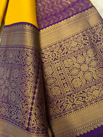 Yellow & Purple pure silk Saree with antique gold zari border