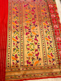 Red Paithani Saree with peacock motifs on gold zari borders