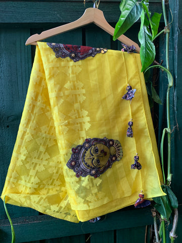 Yellow Linen Saree Jamdani weave