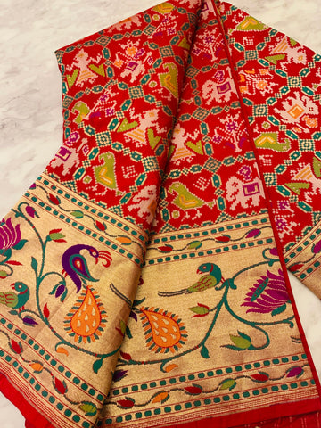 Red Paithani Saree with peacock motifs on gold zari borders
