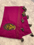 Wine colour LINEN Saree with KALAMKARI patchwork