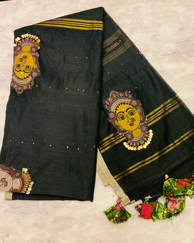 Black Linen Saree with Sequin & KALAMKARI patchwork