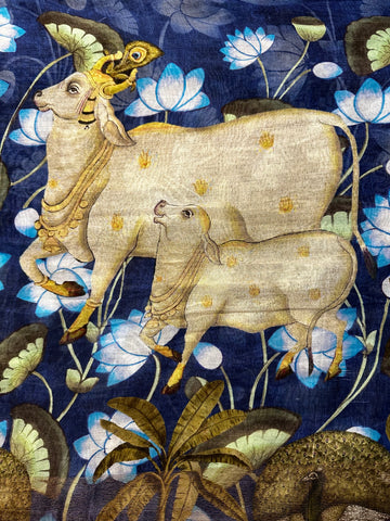 Digital print linen cotton Saree with cow & calf design