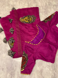 Wine colour LINEN Saree with KALAMKARI patchwork