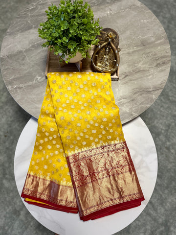 Chanderi Saree in yellow & mahroon combination