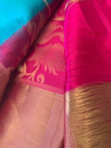 Ferozy & Magenta silk Saree with gold zari swans